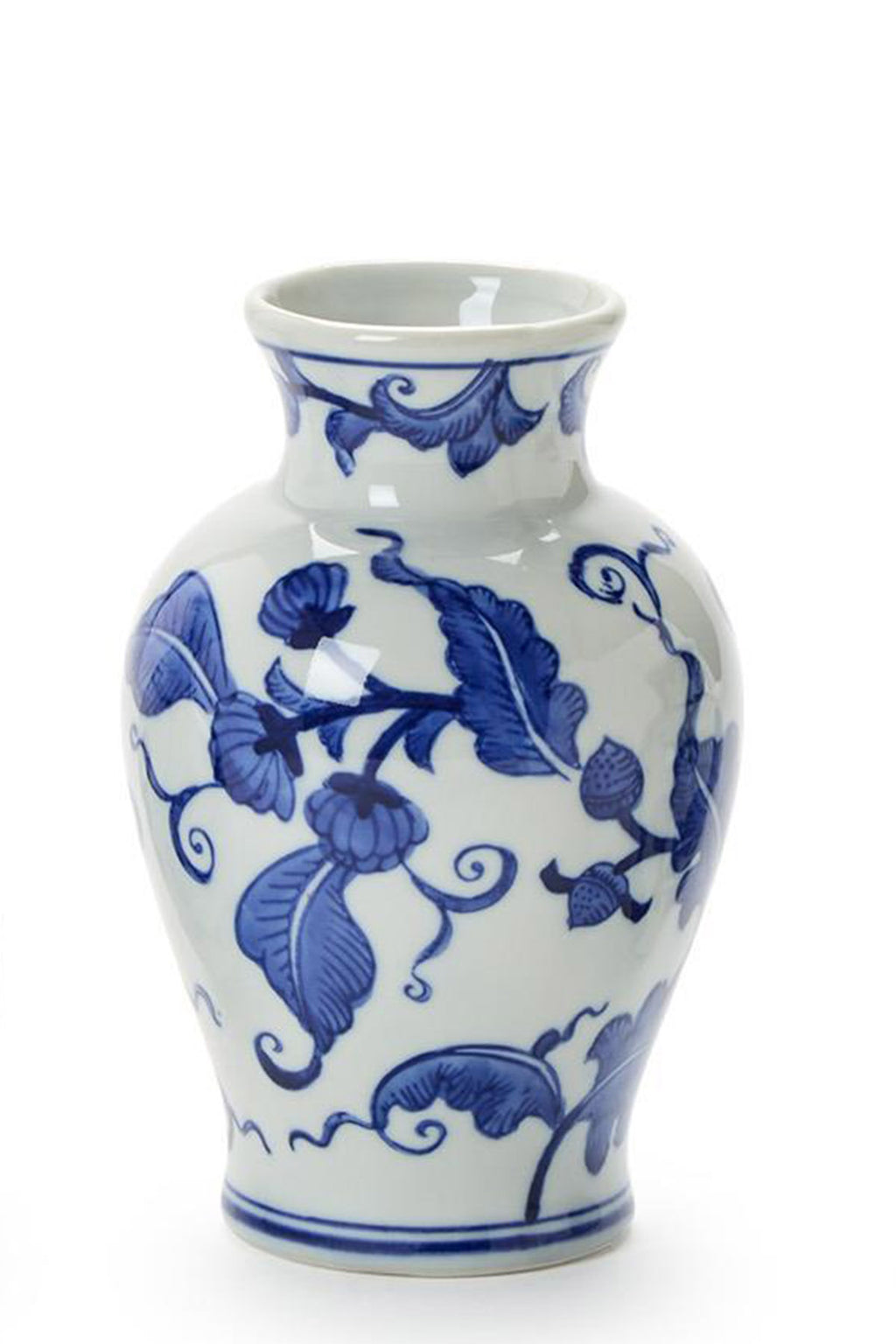 Hand-Painted Blue and White Floral Chinoiserie Vase