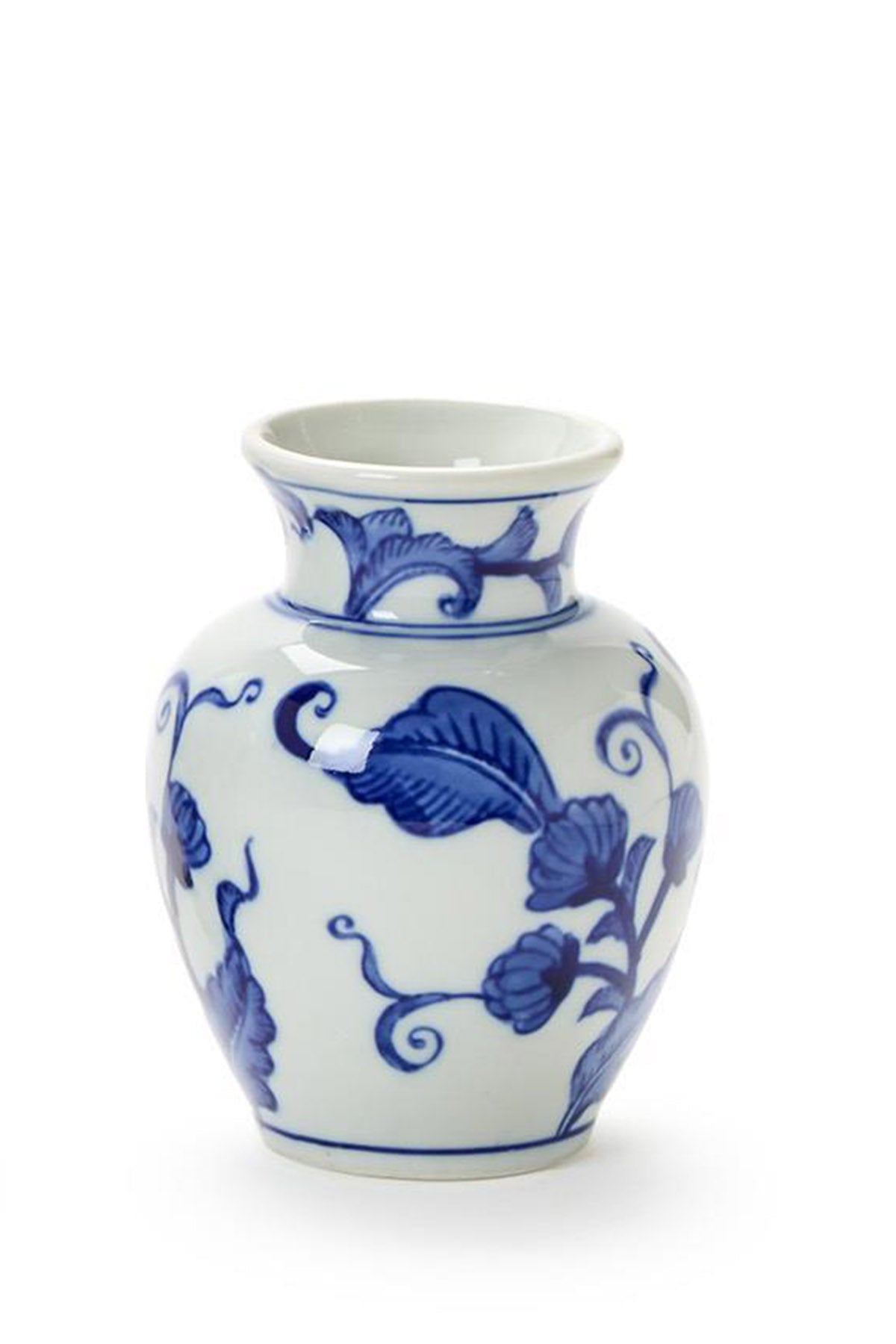 Hand-Painted Blue and White Floral Chinoiserie Vase