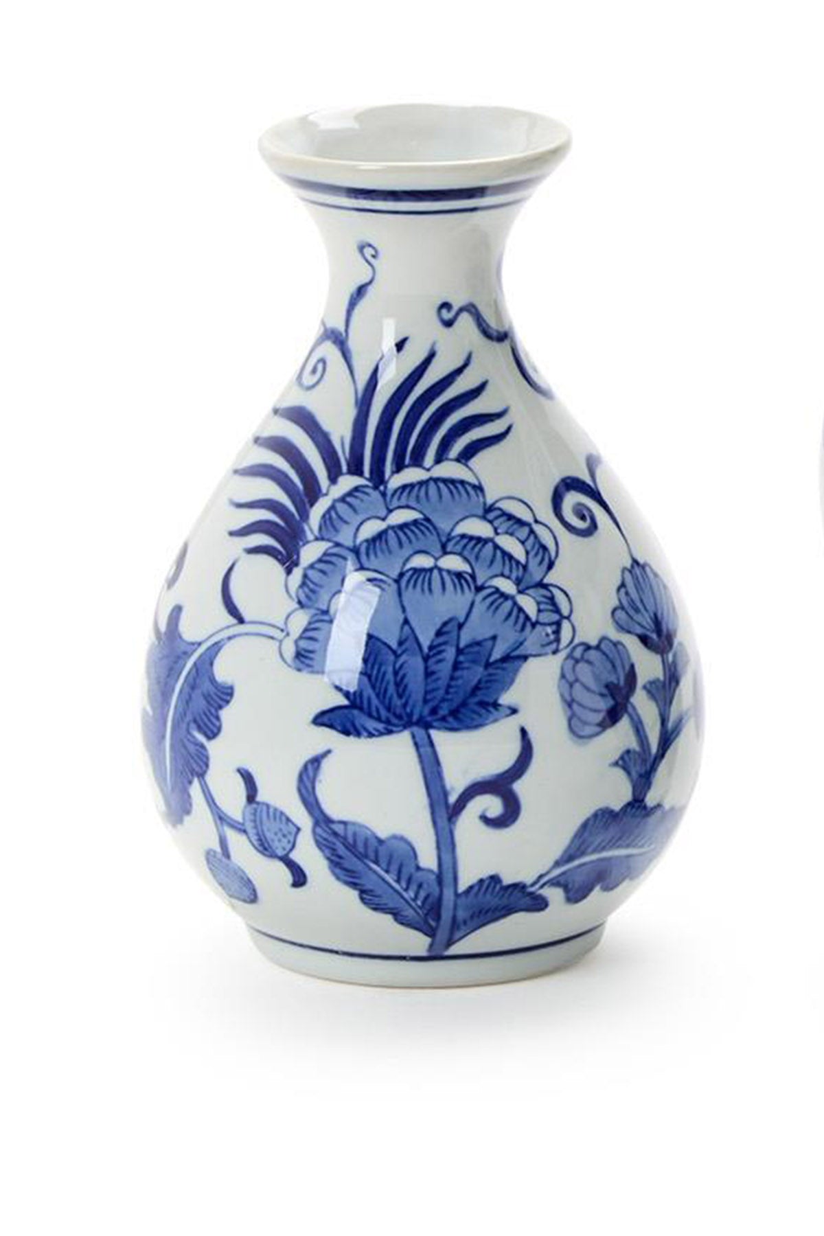 Hand-Painted Blue and White Floral Chinoiserie Vase