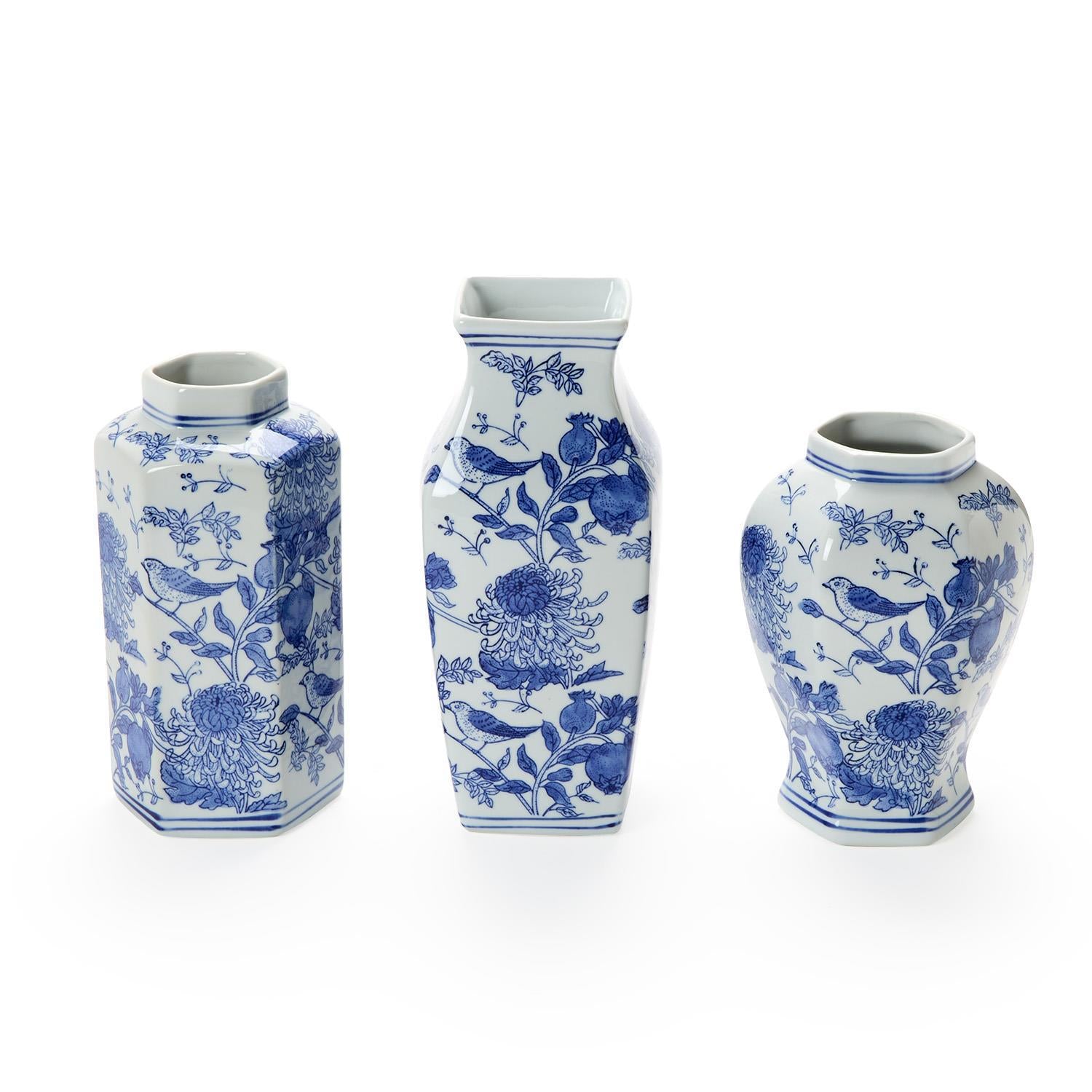Chrysanthemum Hand-Painted Blue and White Vase