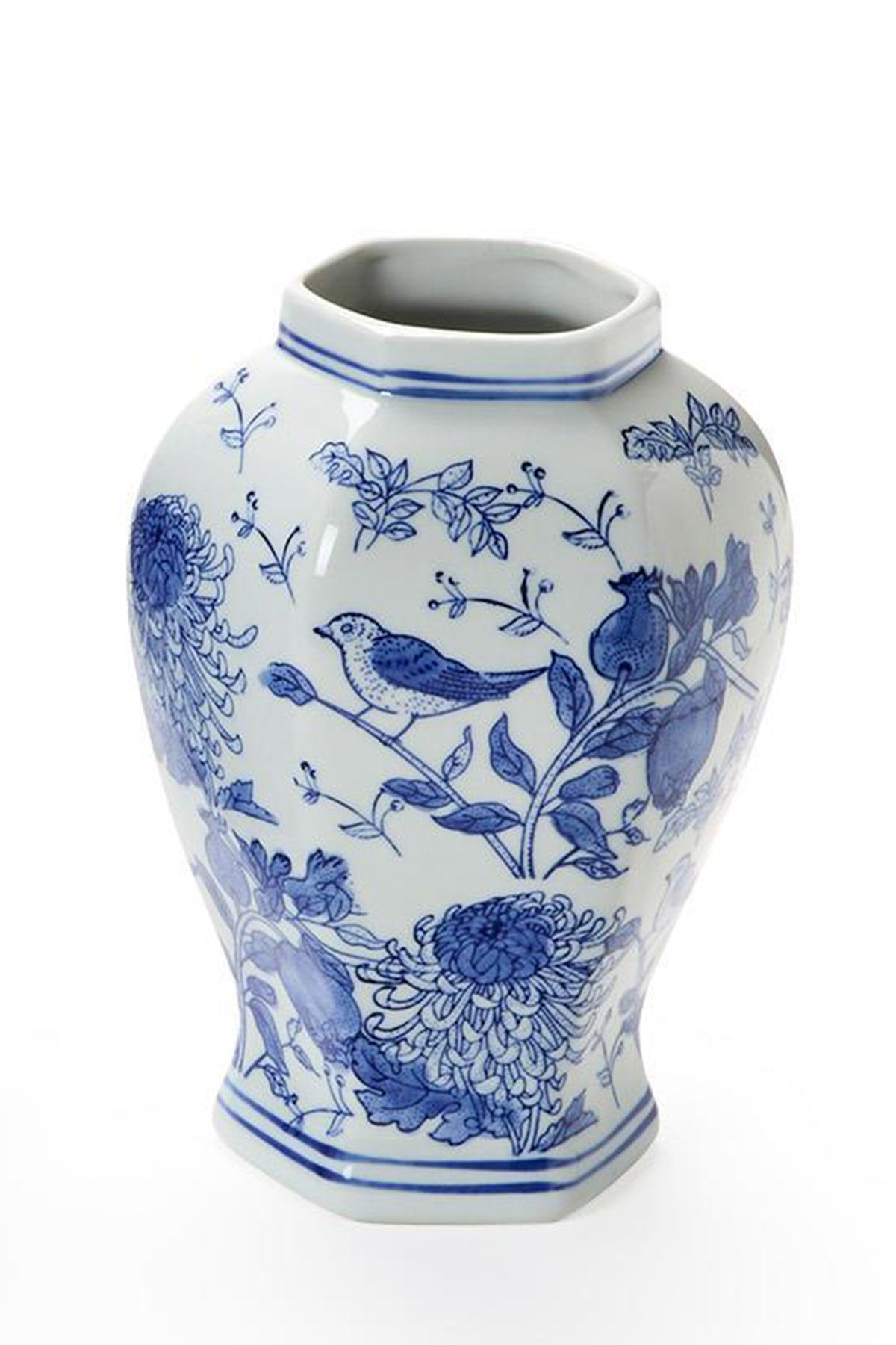 Chrysanthemum Hand-Painted Blue and White Vase