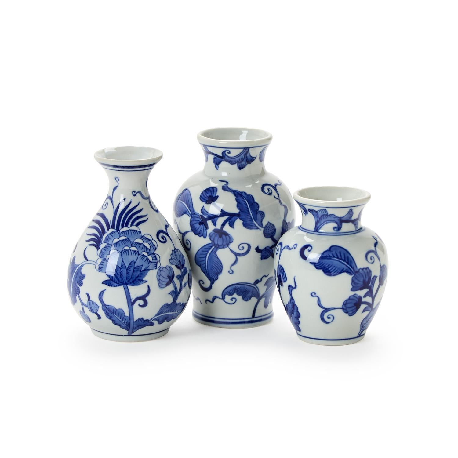 Hand-Painted Blue and White Floral Chinoiserie Vase