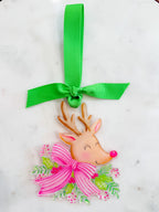 Reindeer Acrylic Christmas Ornament Pink Bow