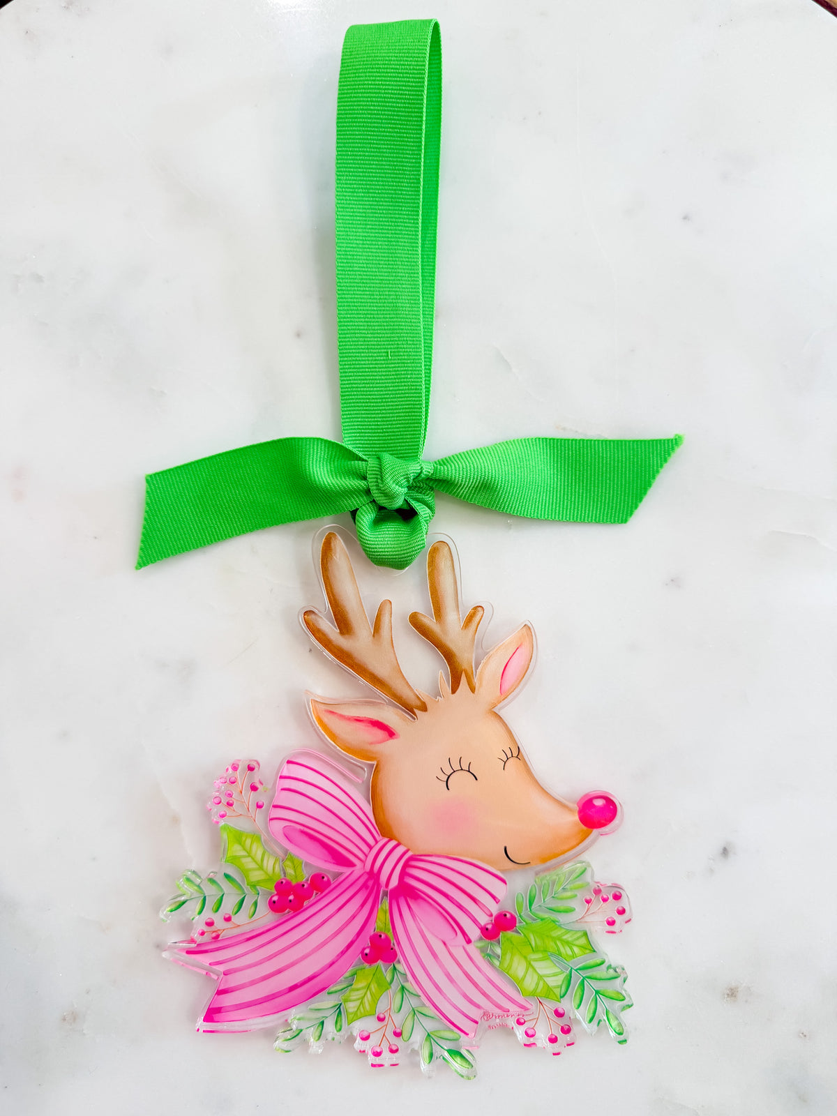 Reindeer Acrylic Christmas Ornament Pink Bow