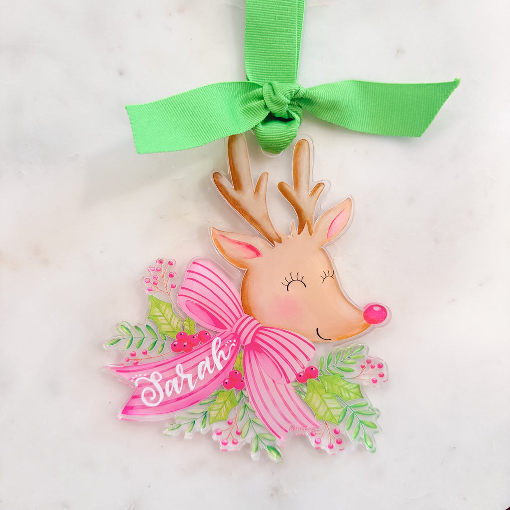 Reindeer Acrylic Christmas Ornament Pink Bow