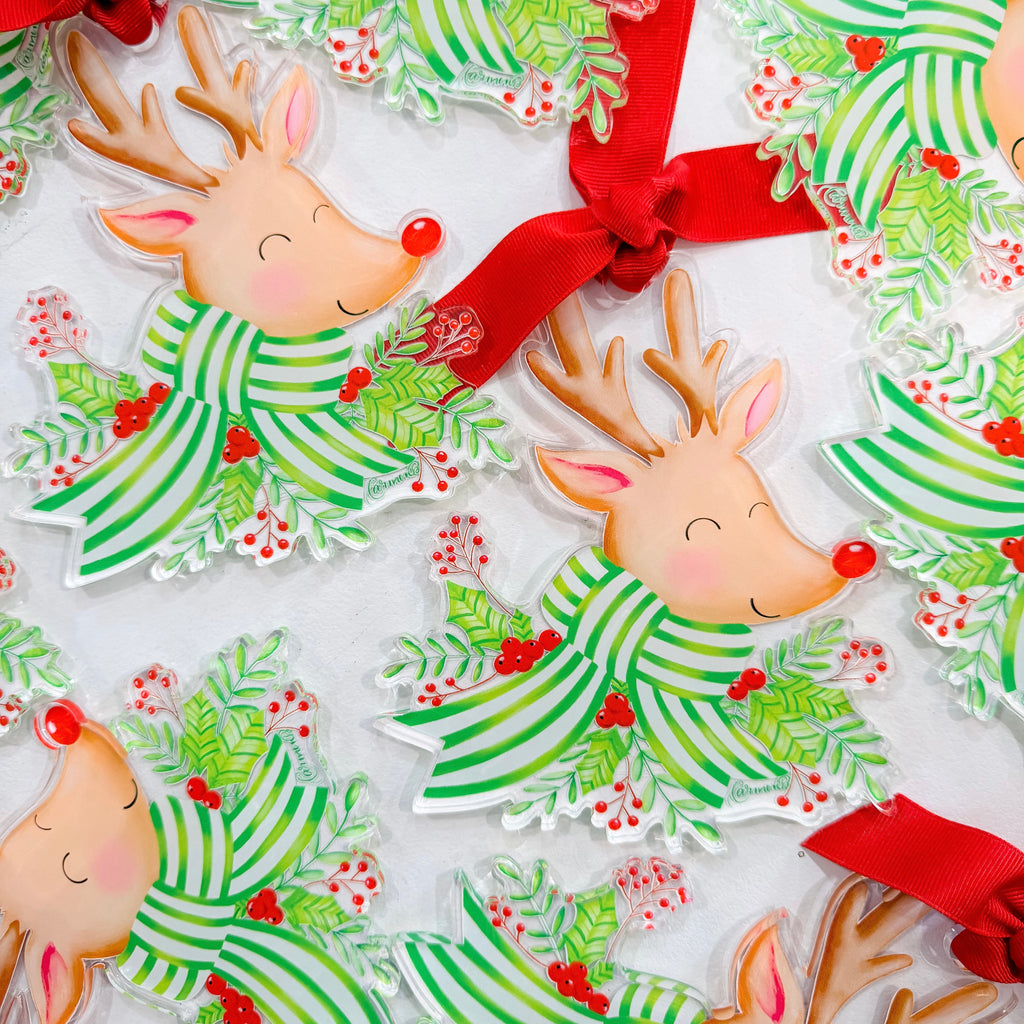 Reindeer Acrylic Christmas Ornament Green Stripe Scarf