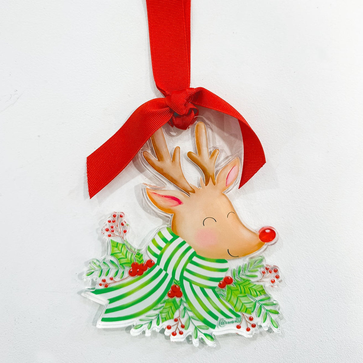 Reindeer Acrylic Christmas Ornament Green Stripe Scarf