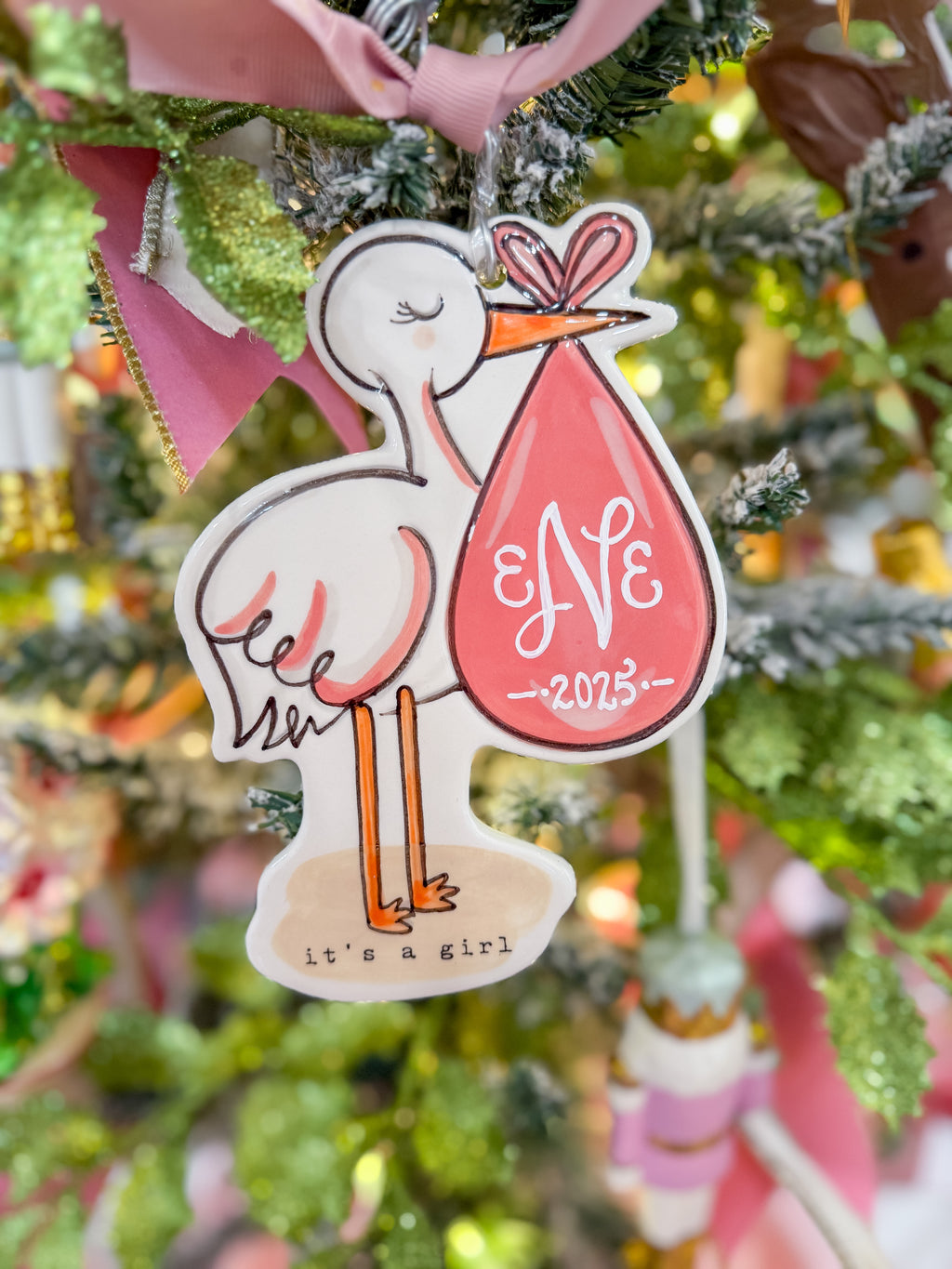 Stork It's A Girl Flat Ornament
