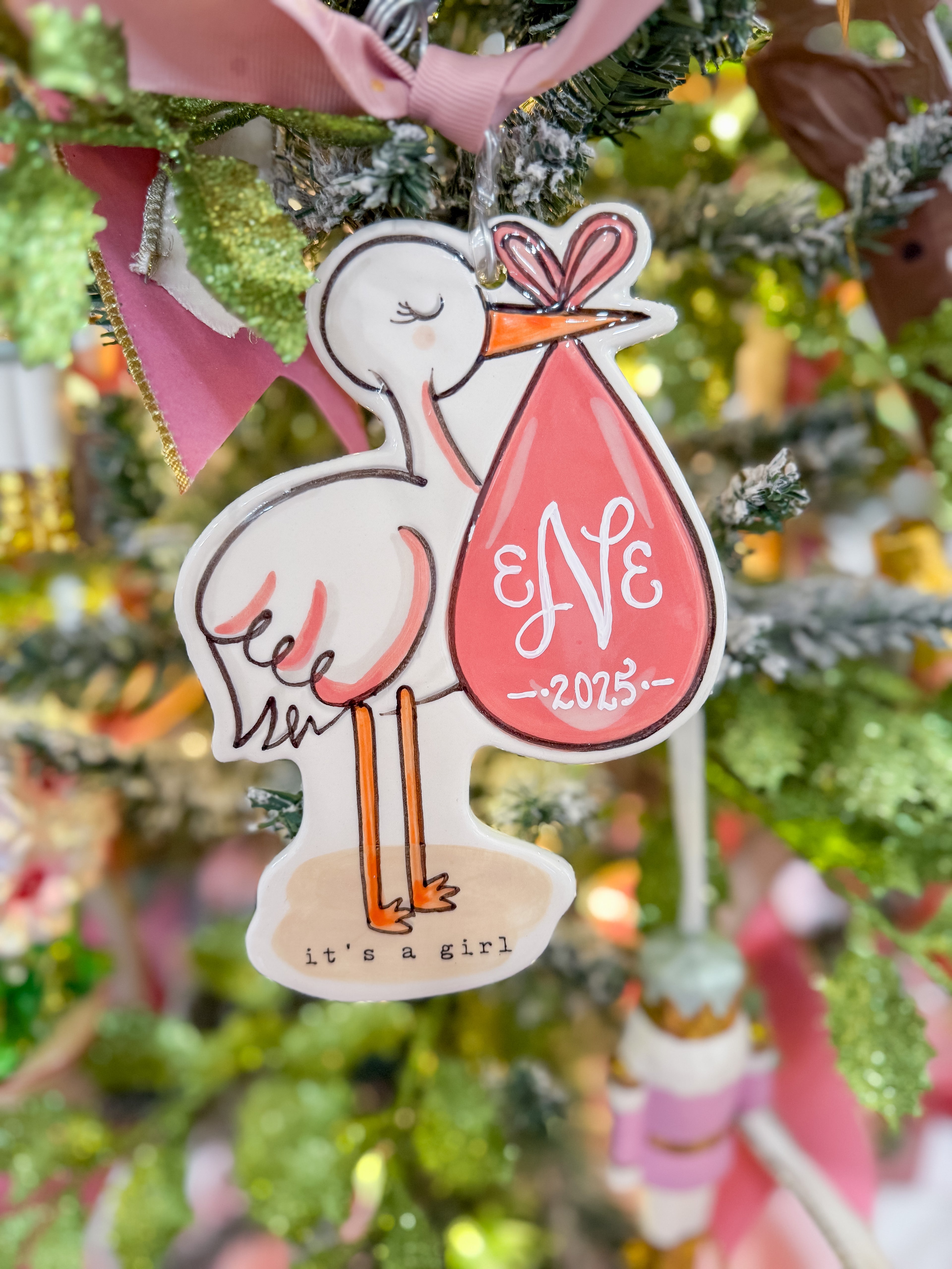 Stork It's A Girl Flat Ornament