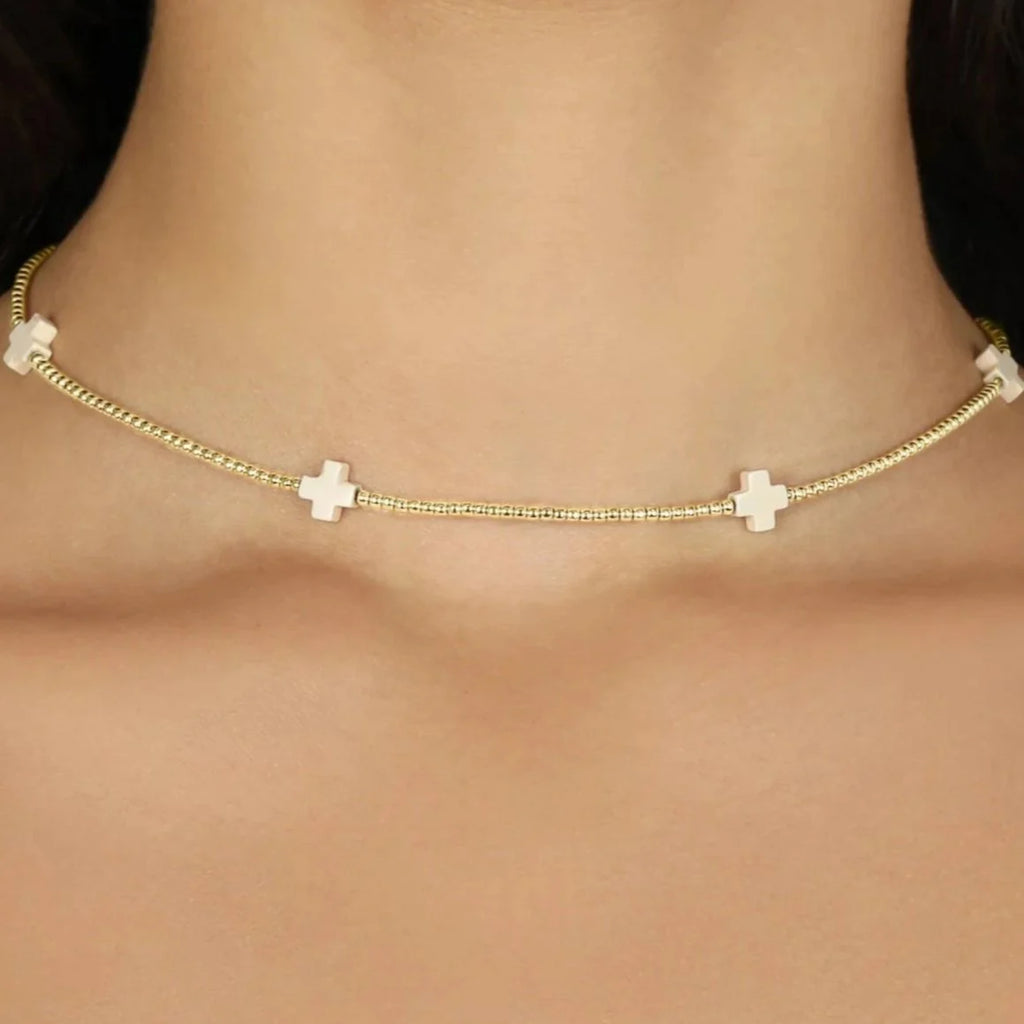 choker signature cross gold pattern 2mm bead - off-white