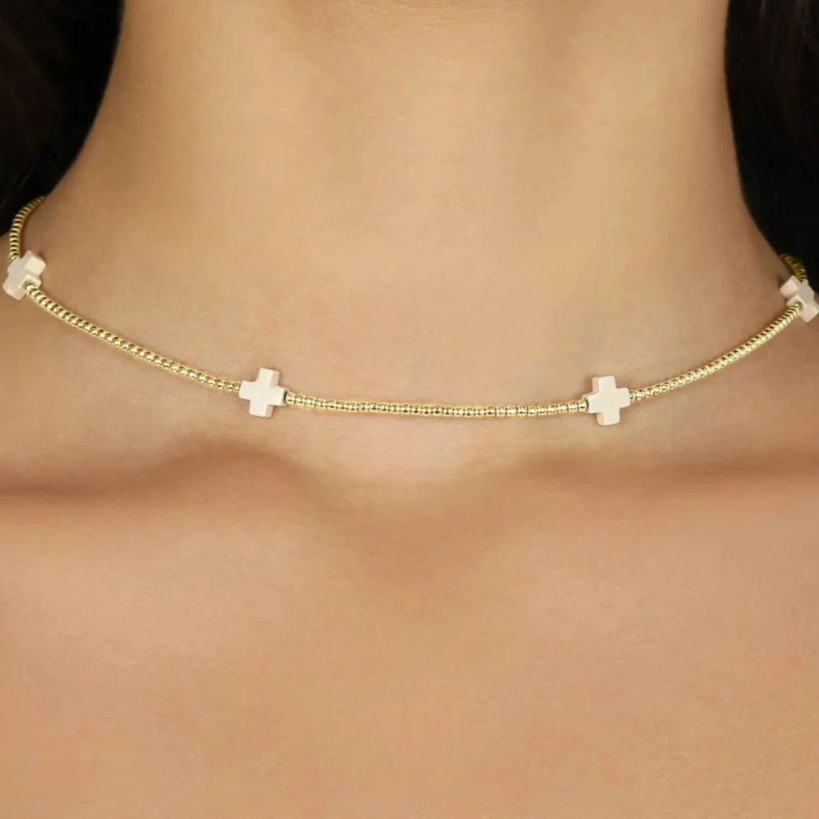 choker signature cross gold pattern 2mm bead - off-white